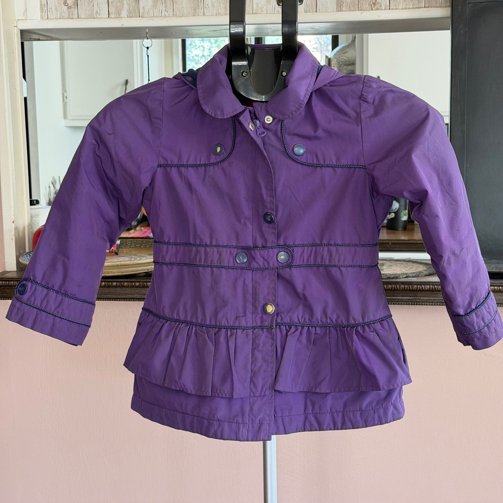 London Fog Girls Purple Hooded Ruffle Trench Coat Jacket Size 6 Polka Dot Fleece